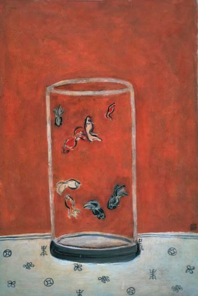 常玉《金魚》1940年代 油彩・キャンバス 提供：財團法人立青文教基金會 マティスの《金魚》にはない不安感が漂う常玉の《金魚》。敷物（？）には、七宝や壽などの吉祥文様が描かれている。